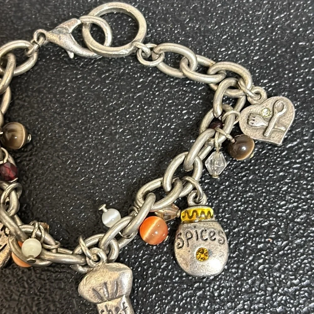 Vintage AJMC Charm Chef Spices Pan Hat Heart Silver Tone Chain Link Bracelet